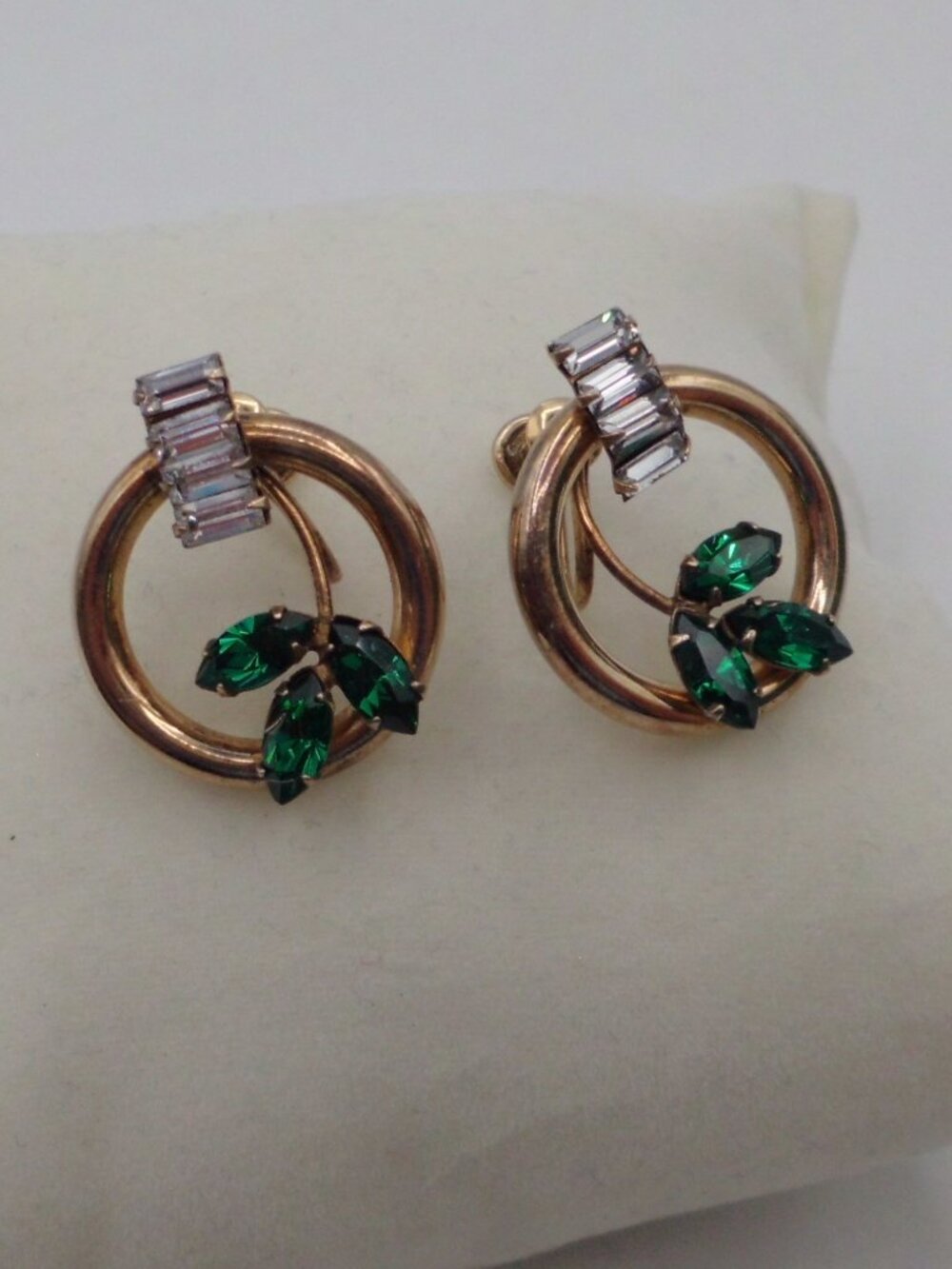 Vtg 50s BAL-RON Earrings Gold Filled 1/20 14K Green & Clear Rhinestone